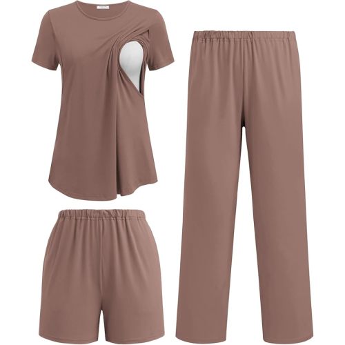 Ekouaer 3 Piece Maternity Pajamas Set Postpartum Nursing Short Sleeve Breastfeeding Sleepwear Pregnancy Shorts & Pants Pjs