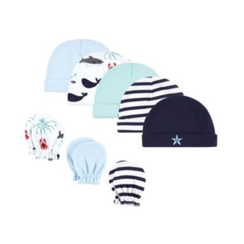 Baby Boys Hudson Cotton Cap and Scratch Mitten Set, Ocean Friends, 0-6 Months
