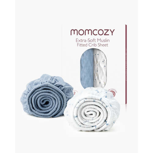 Momcozy Muslin Fitted Crib Sheets - 2 sizes - Blue White Star Moon