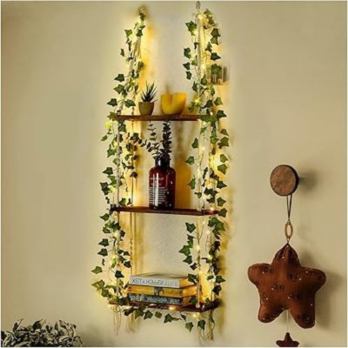 Hanging Shelf with Vine Lights, Macrame Plant Wall Shelf, Wall Storage with Handmade Woven Ropes, 3 Tier Floating Shelf, Boho Room Decor Aesthetic for Succulents, Bedroom, Living Room, Bathroom