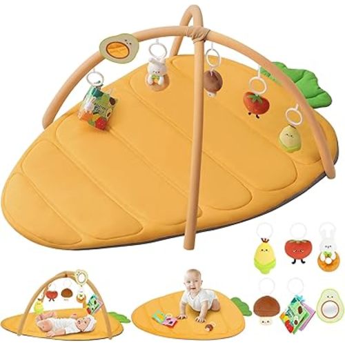 Baby Play Gym Mat, Large Carrot Shaped Tummy Time Mat with 6 Detachable Toys, Thick & Plush Play Mat for Babies 0-6 Months, Baby Floor Play Mat for Sensory and Motor Skill Development
