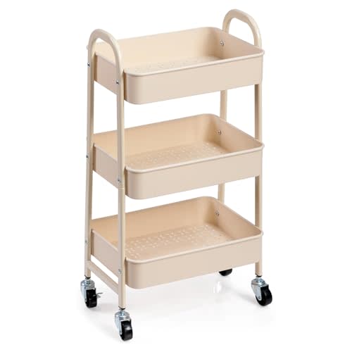 AGTEK 3-Tier Rolling Carts with Wheels, Rolling Utility Cart with Iron Frame for Kitchen, Plastic Shelves, Living Room, Office, Beige