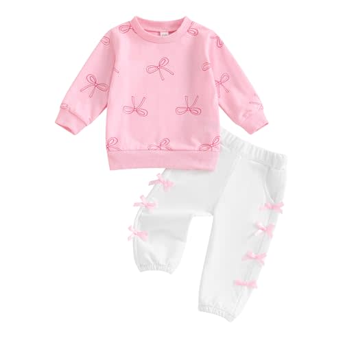 BemeyourBBs Fall Winter Toddler Girl Outfit Baby Girl Long Sleeve Bow Print Sweatshirt Top With Bow Pants Set 2 Piece Clothes
