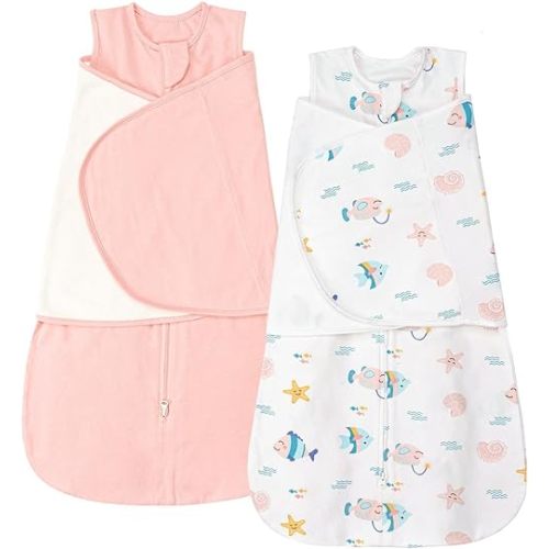 ZIGJOY Sleep Sack Swaddle 1.0 Tog Baby Wearable Blanket 100% Cotton Baby Swaddle Blanket for Newborns 0-6 Months Ocean&Pink