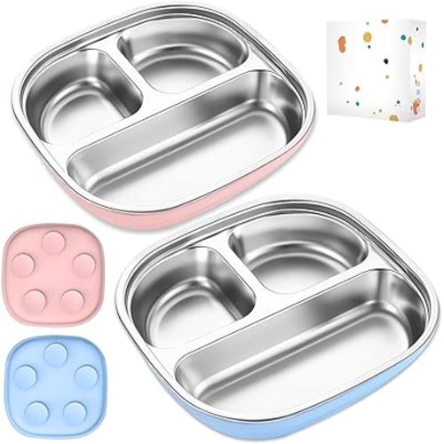 Stainless Steel Baby Plates With Suction, Deeper Divided Toddler Plate Non Toxic & BPA Free | Detachable Fully Encased Silicone | Dishwasher Safe | Kids Dinnerware 2-Pack (Blue + Pink)