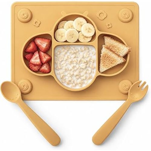ROCCED Suction Plates for Baby placemat Spoon Fork Set for Toddlers, Silicone Baby Plates with Suction Baby Dishes for Kids Plates-Dusty blue