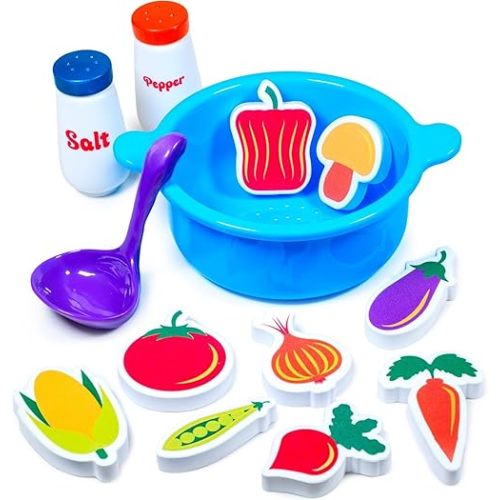 Tub Works® Tub Soup™ Scoop, Strain & Play Toddler Bath Toy | Floating Foam Veggies, Ladle for Scooping & Soup Pot for Straining | Pretend Play Cooking Kids Bath Toys | Creative Bathtub Toys