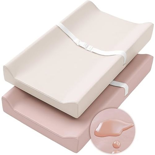 Konssy Vegan Leather Changing Pad Cover for Baby Girls Boys, 2 Pack Waterproof & Wipe-Clean Diaper Chang Table Covers, Soft Changing Pad Sheets (Pink,Beige)