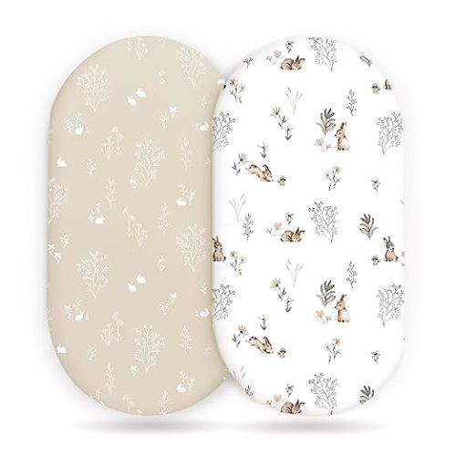 GRSSDER Stretch Ultra Soft Fitted Bassinet Sheet Set 2 Pack, Universal Fit for Bassinets Baby Cradle Moses Basket Oval Rectangle Mattress Safe and Snug, Stylish Watercolor Rabbit Pattern