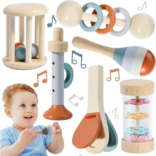 Montessori Mama Baby Rattle and Musical Set, 6 Piece Wooden Infant Toy