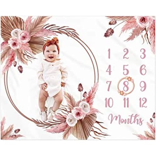Eunikroko Floral Boho Baby Monthly Milestone Blanket Little Girl Bohemian Photo Prop Blanket Pampas Grass Ideas for Newborn Princess Pink Nursery Décor 40" X 50"