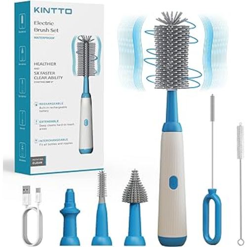 Electric Bottle Brush Cleaner Set, Baby Bottle Brush Cleaning with Rechargeable，Waterproof Replaceable Nipple and Straw Silicone Brush Blue