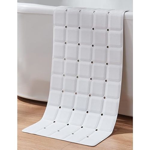 Non-Slip Bath Mat for Tub & Shower：Silicone Foldable Bathtub Mat with Strong Suction Cups, Quick Drain Holes, Machine Washable Extra Large Bathroom Mats 35.8" x 17.7", White