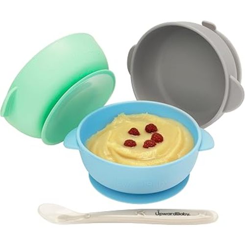 UpwardBaby Bowls with Suction - Soft Silicone Bowls, 3-Pack Baby Bowl and Spoon Set, BPA Free, Microwave and Dishwasher Safe, Led Weaning Supplies Kit, Multicolor