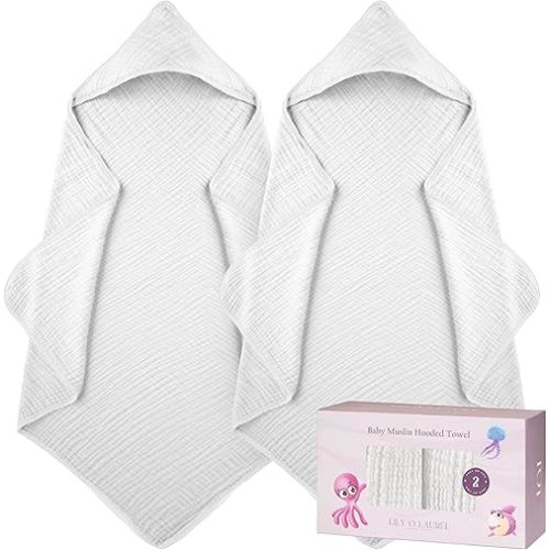 Muslin Hooded Baby Towels for Newborns, 32"x32", 100% Cotton – 6 Layers Super Soft Absorbent Breathable, Baby Bath Towel, Toddler Bath Towel – Pack of 2