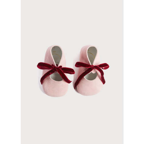 Suede Pink Baby Pram Shoes with Velvet Ribbon (17-20EU)