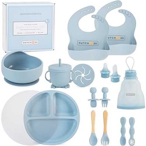 Silicone Baby Feeding Set with Divided Suction Plate and Bowl, 2 Bibs, Breast Milk Storage Bags,