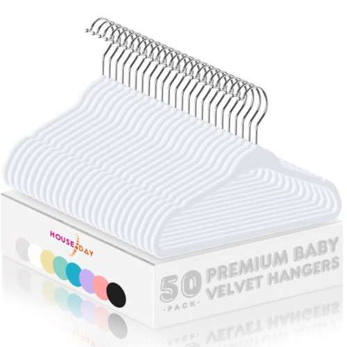 HOUSE DAY 50 Pack Velvet Kids Hangers 11'' Inch Baby Felt Hangers Space-Saving Thin Design Baby to Toddler Clothes Organizer, White