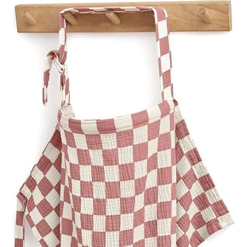 Blissful Diary Muslin Nursing Cover for Breastfeeding, Breathable Breastfeeding Cover up with Arch Neckline for Women, Nursing Apron (Dusty Pink Checkboard)