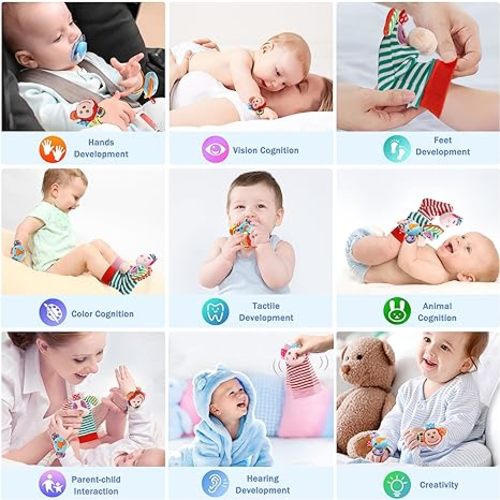 SSK Soft Baby Wrist Rattle Foot Finder Socks Set,Cotton and Plush Stuffed Infant Toys,Birthday Holiday Birth Present for Newborn Boy Girl 0/3/4/6/7/8/9/12/18 Months Kids Toddler,4 Cute Animals