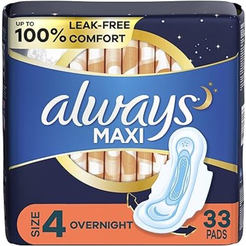 Always Maxi Overnight Pads with Wings, Size 4, Overnight, Unscented, 33 CT