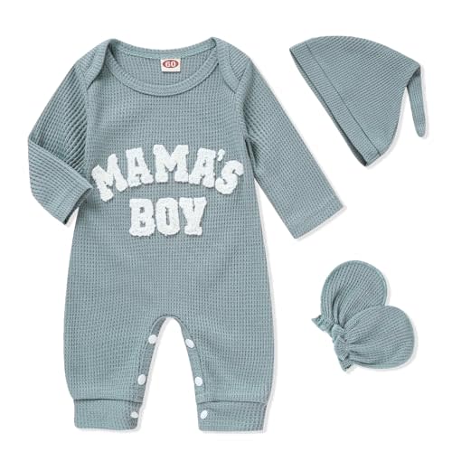 GRNSHTS Newborn Baby Boy Romper Coming Home Outfits Letter Print Bodysuit Jumpsuit+Hat+Gloves 3PCS Clothes Set