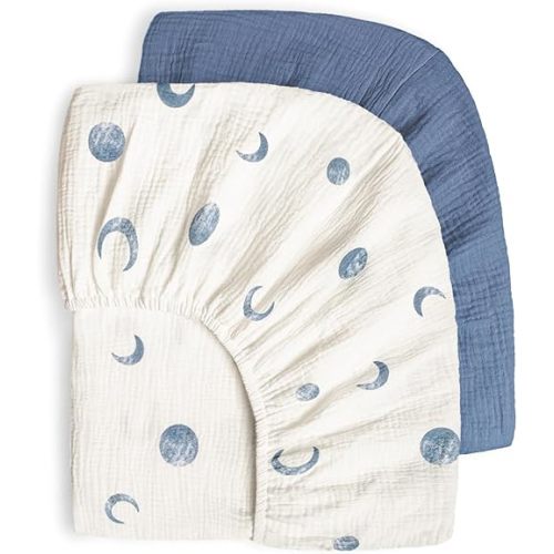 Bearmoss Muslin Crib Sheets 100% Cotton Baby Crib Sheets Fitted for Standard Crib Mattress & Toddler Bed Mattress 52"x28" Soft Breathable Crib Sheets Neutral for Boys Girls - 2 Pack (Blue Crescent)