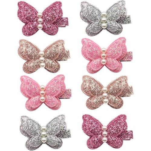 8pcs Baby Girl Hair Clips Toddlers Infants Kids Hair Butterfly Snap Clips Barrettes (8pc- Sequins Pearl Butterfly)