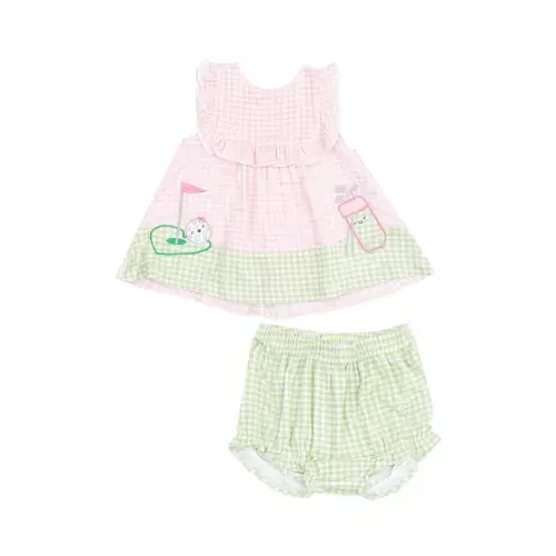Ruffle Top with Applique & Bloomer - Golf Pink Mini Gingham – 6-12M