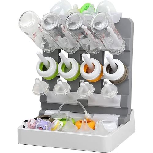 Baby Bottle Drying Rack, Vertical Standing Bottle Drying Rack Holder-Space Saving Baby Bottle Organizer for Countertop-Holds Up to 12 Baby Bottles & Pump Parts (White & Dark Gray)