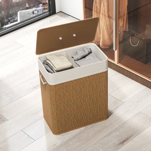 HOMCOM Double Laundry Basket with Lid, 26.4 Gallon Bamboo Laundry Hamper with Rope Handles, Clothes Hamper with Removable Liner