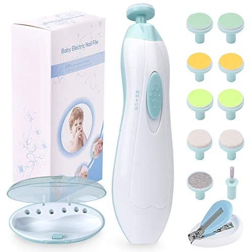 Baby Nail File Electric Nail Trimmer Manicure Set with Nail Clippers, Toes Fingernails Care Trim Polish Grooming Kit Safe for Infant Toddler Kids or Women,LED Light and 10 Grinding Heads (White/green)