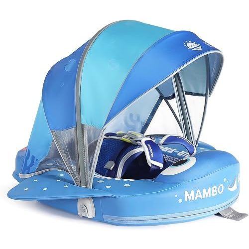 Big Buoyancy and Comfort Mambobaby Float with Canopy and Tail New Upgraded Non-Inflatable Baby Pool Float Mambo Float Swim Trainer Solid Infant Swim Float Adjustable Pearl Foam Baby Swim Ring