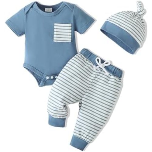 SUNNY PIGGY Baby Boy Clothes Newborn Boy Outfit Infant Romper Spring Summer Long Pants Set Hat 3PC
