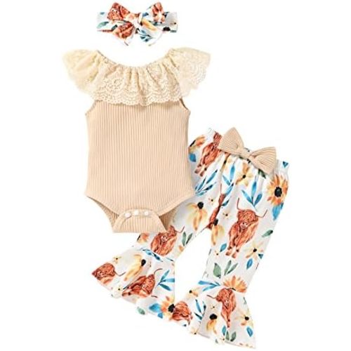 YOUNGER TREE Newborn Infant Baby Girl Clothes Outfits Romper Bodysuit Floral Cow Print Pants Headband 3Pcs Summer Clothes Set