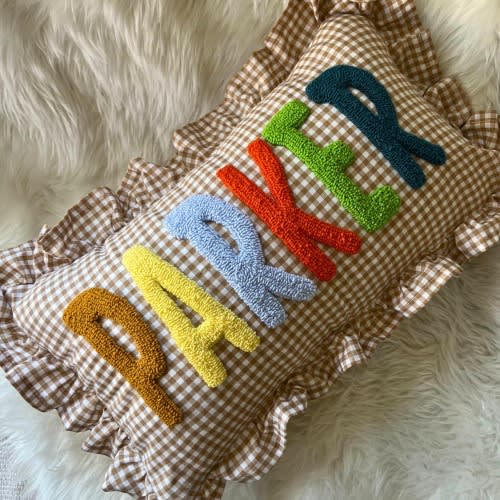 Custom Name Pillow for Kids, Brown Gingham Ruffle Cushion, Kids Room Decor, Punch Needle Pillow, Custom Name Nursery Gift, Playroom Accent