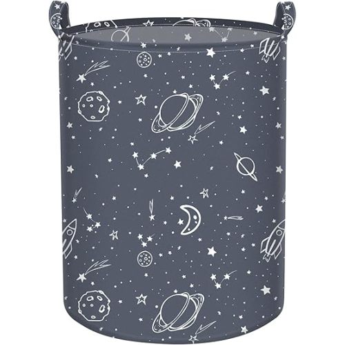 Large Storage Laundry Basket, Collapsible Space Pattern Round Storage Basket Waterproof Canvas Hamper for Home Room Bathroom Supplies