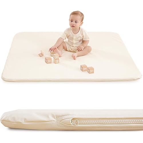 Padded Baby Play Mat for Your Boy or Girl - Extra Thick & Super Soft Vegan Leather Floor Mat Creates A Safe Play Area for Little Ones - Waterproof Crawling Mat for Baby Play on Floor (Beige)