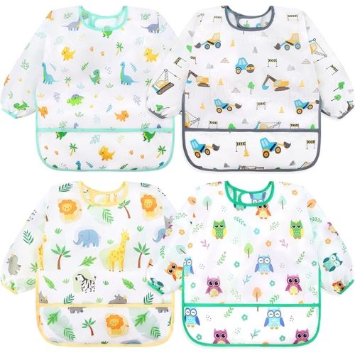 Accmor 4 Pack Long Sleeve Baby Bibs, Waterproof Sleeved Bib, Toddler Soft Bib for 6-36 Months - Blue Dinosaur/Construction/Yellow Animal/Green Owl - Medium : 6-24 Months