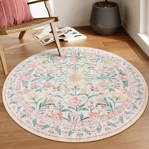 Lahome Boho Light Pink Round Rug 4ft, Washable Small Circle Rugs for Bedroom, Pink and Green Nursery Circular Carpet Girl, Soft Non-Slip Round Carpet for Kids Sunroom, Blush