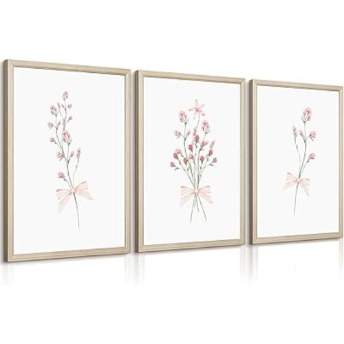 Nursery Flower Wall Art Girl Floral Canvas Wall Decor Boho Wildflower Art Poster Pink Bow Pictures Nursery Floral Prints Vintage Botanical Artwork for Girls Room Bedroom 16x24 Inch Wood Framed 3Pcs