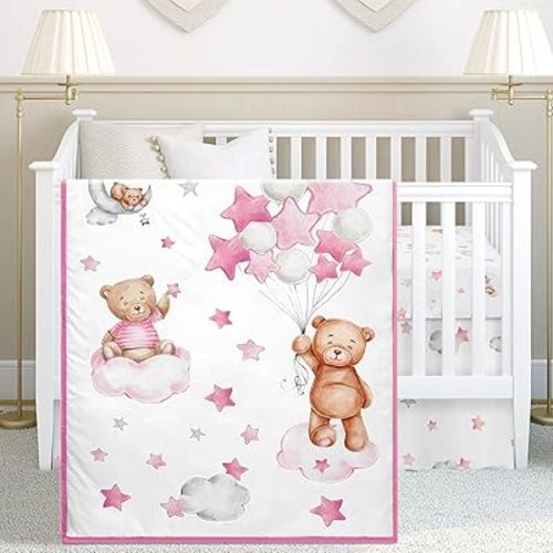 Mixweer 3 Pcs Cloud Balloon Bear Theme Crib Bedding Set for Boys Baby Nursery Mini Bedding Set Comforter Gender Neutral Standard Size Comforter Skirt for Girl