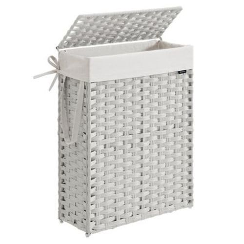 Songmics Slim Laundry Hamper With Lid, Rattan Clothes Laundry Basket With Lid And Handles, Foldable, Removable Liner, Dove Gray
