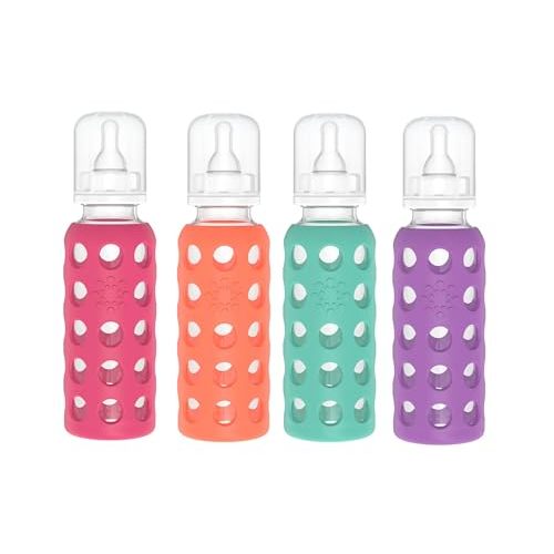 Lifefactory Glass Baby Bottle BPA Free | Protective Silicone Sleeve | 9 oz Pack of 4 | Raspberry, Papaya, Kale, Grape