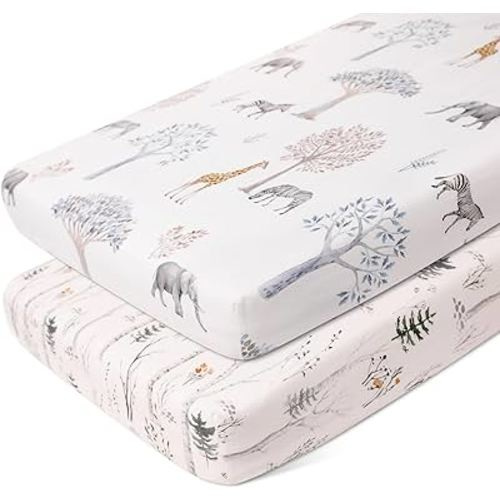 Gllquen Baby Pack N Play Sheets Fitted for Pack and Play Mattress, Portable Mini Cribs Sheet, Ultra Soft Natural Fit Convertible Playard Mattress Sheets Cover for Boy Girls 38" x 26"(Forest)