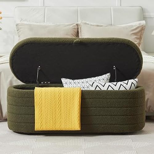 Storage Ottoman Bench End of Bed for Bedroom,45 inch Boucle Upholstered Entryway Shoe Seat Bench w/ Storage,Sherpa Modern Cute Padded Blanket Chest Stool Foot Rest for Living Room,Window Seating,Green