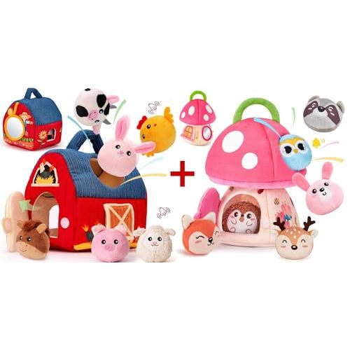 hahaland Baby Surprise Barn with Stuffed Farm Animals and Mushroom House with Suffed Animals