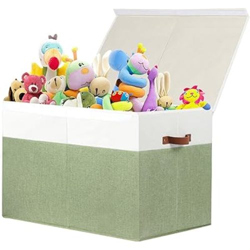 Large Toy Storage Box with Lid, Sturdy Toys Storage Chest Bin Organizer Basket with Dividers for Kids, Boys, Girls, Nursery, Closet, Bedroom, Playroom 26"x17" x17" (Green and White)