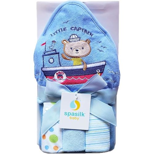 Spasilk Hooded Bath Towel and Washcloths Set for Newborns, 1 Soft Terry Baby Towel and 3 Baby Washcloths, Baby Essentials, Ideal, One Size, Blue Sailor