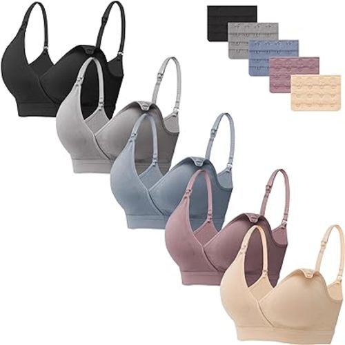 HBselect Nursing Bras for Breastfeeding, Seamless V Neck Maternity Bra Wireless Women Pregnancy Postpartum Bra Sleep Bralette - X-Large - A: 5 Pack(black/Grey/Beige/Dusty Blue/Purplebean)